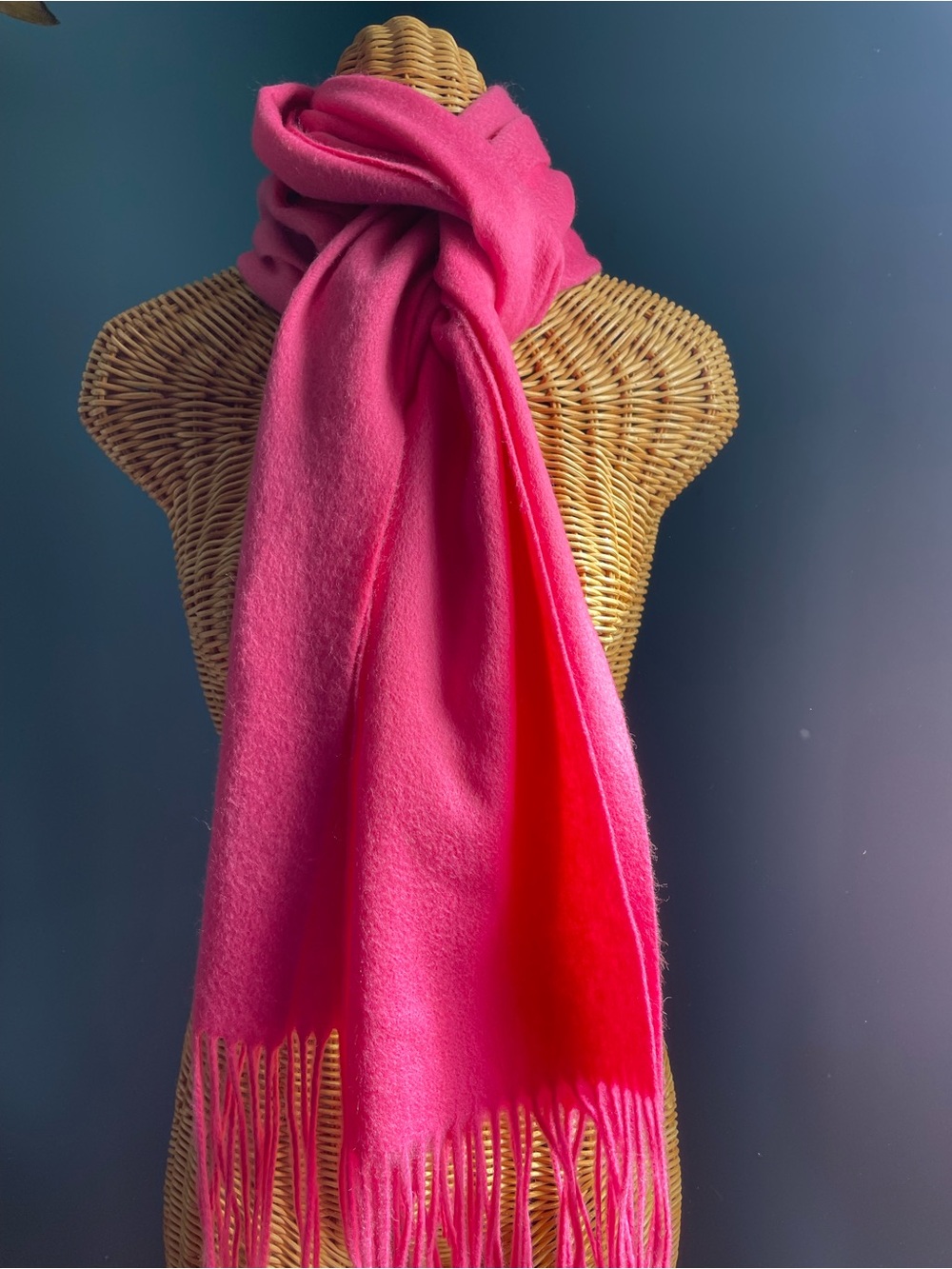 100% Cashmere Bright Pink Long Scarf Fringe      Measures 13” x 86”